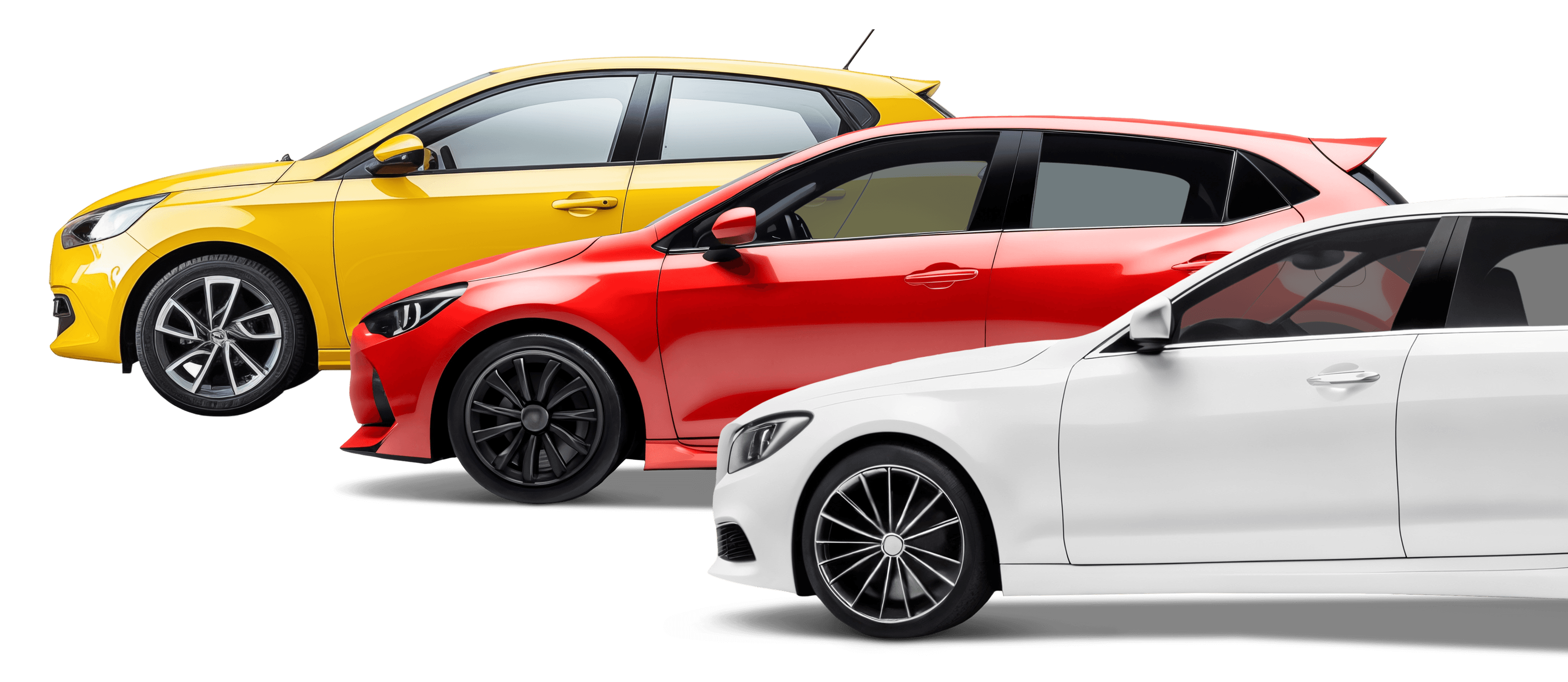 Tres autos modernos de colores amarillo, rojo y blanco en formación diagonal